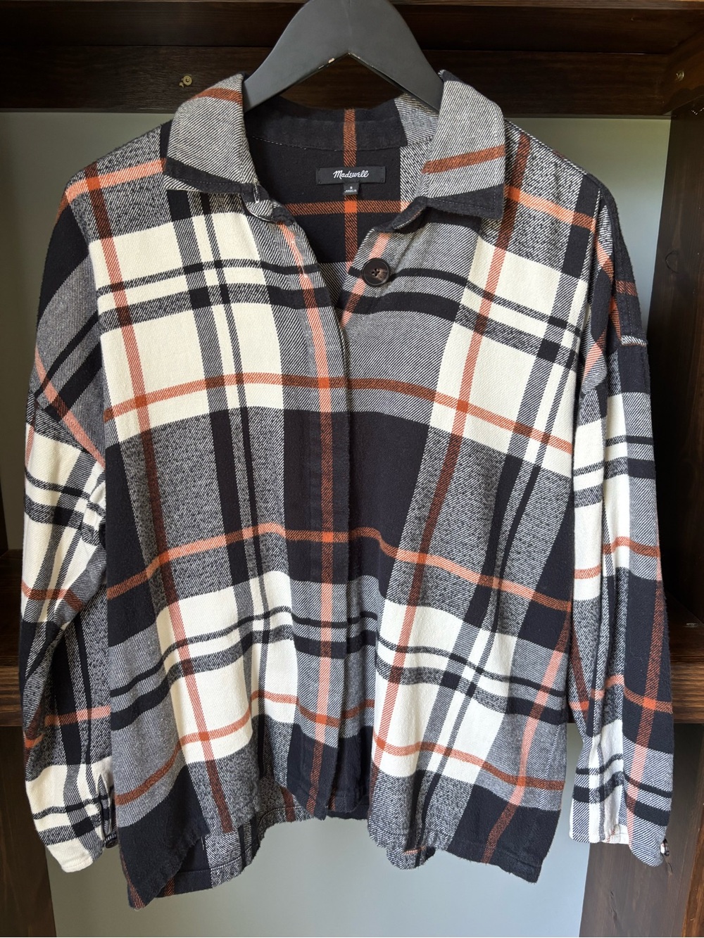 Madewell Plaid Button-Up Shirt Jacket in Black, Cream & Orange